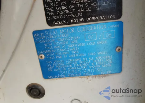 2007 Suzuki Grand Vitara Luxury z USA, uszkodzony, nr VIN JS3TD947274201190